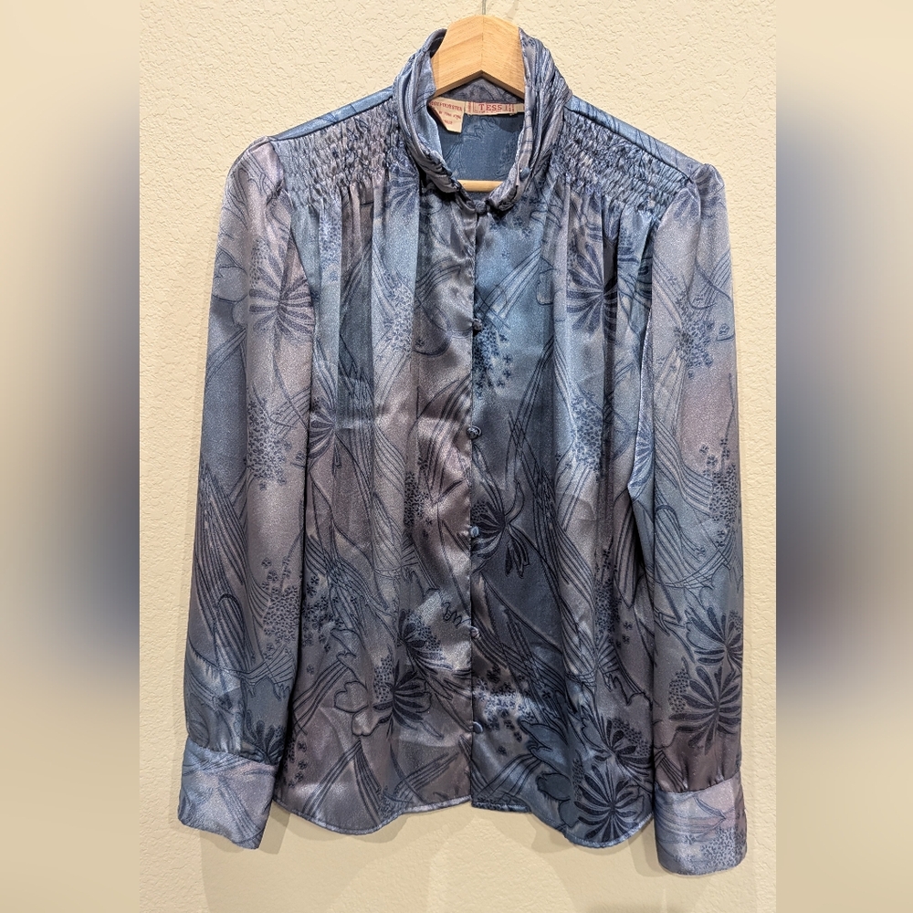 Vintage Blue Satin Floral Blouse